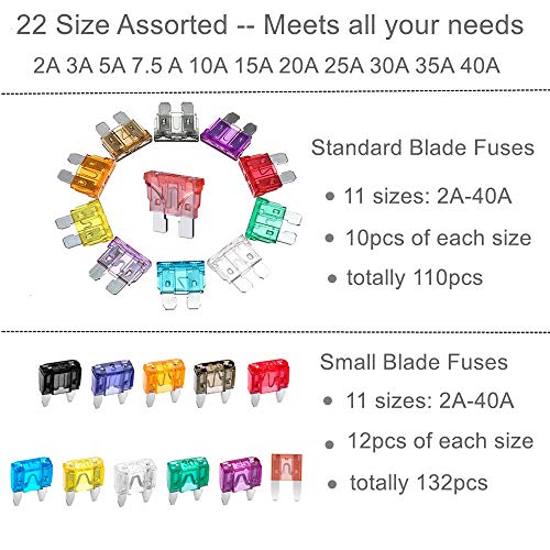 242pcs Auto Car Blade Fuses Standard & Small Size Assorted Sets 2A 3A 5A 7.5A 10A 15A 20A 25A 30A 35A 40A, OUHL Mini Automotive Replacement Fuse Assortment Kit with Puller for Boat RV SUV