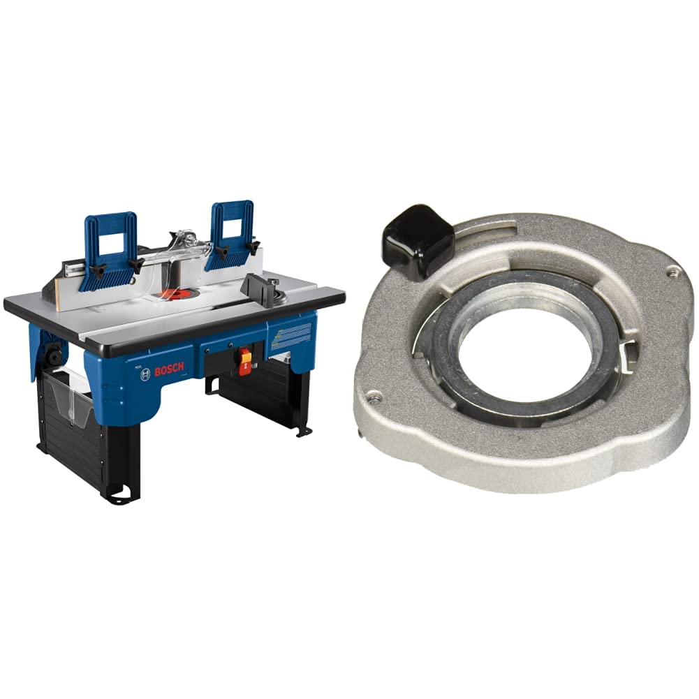 BOSCH RA1141 Paquete de mesa enrutadora portátil para el lugar de trabajo con parte superior de MDF laminado de 26 pulgadas x 16-1/2 pulgadas con kit adaptador de guía de plantilla de enrutador de cambio rápido RA1129 de 2 piezas