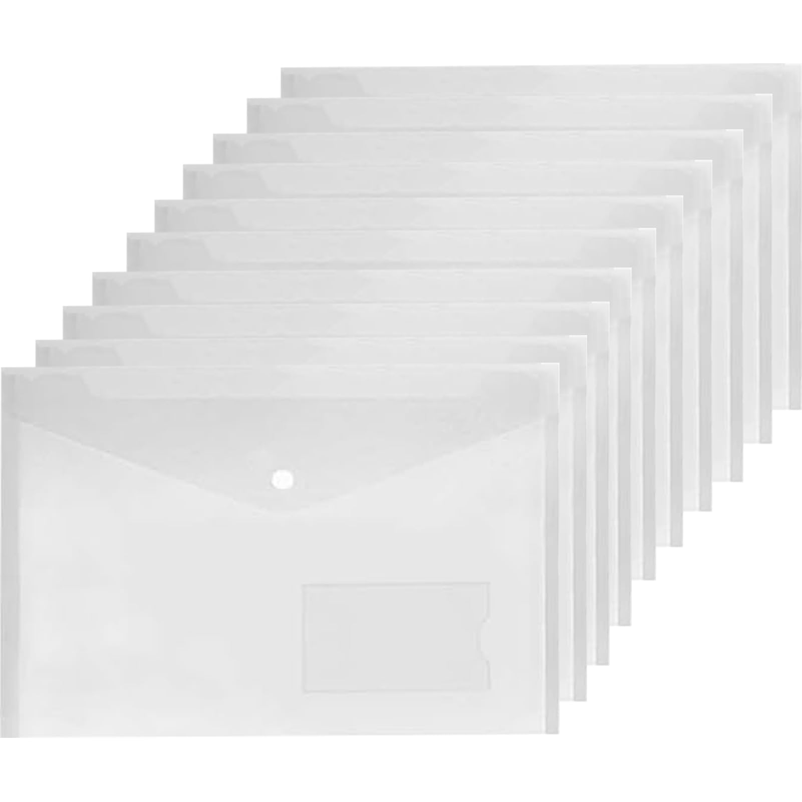 A4 Plastic Wallets, 10 Pack Clear Folders Plastic File Folder Document Wallets Envelope Folders with Label Pocket and Button for School, Home, Office, Travel and Stationary Supply(Transparent)