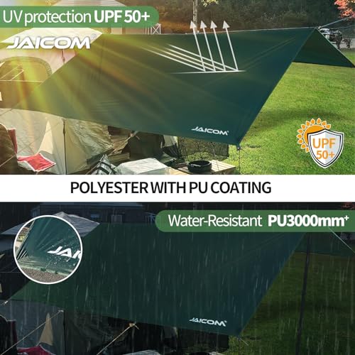 JAICOM Tarp Waterproof - 3 x 3 m / 4 m / 5 m Camping Tent Tarpaulin, Ultralight and Portable, UV Protection & Snow & Rain, with Eyelets, Nylon Ropes, Aluminium Pins, for Hammocks, Outdoor Activities, Patios