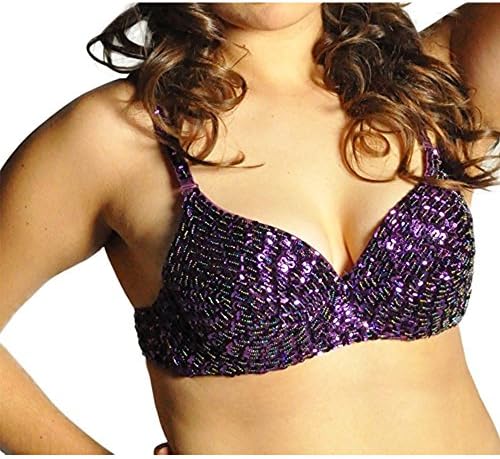 OMYFAIRY Belly Dance Sequined beaded Bra Top，Dance Bra Top (40B, Purple)