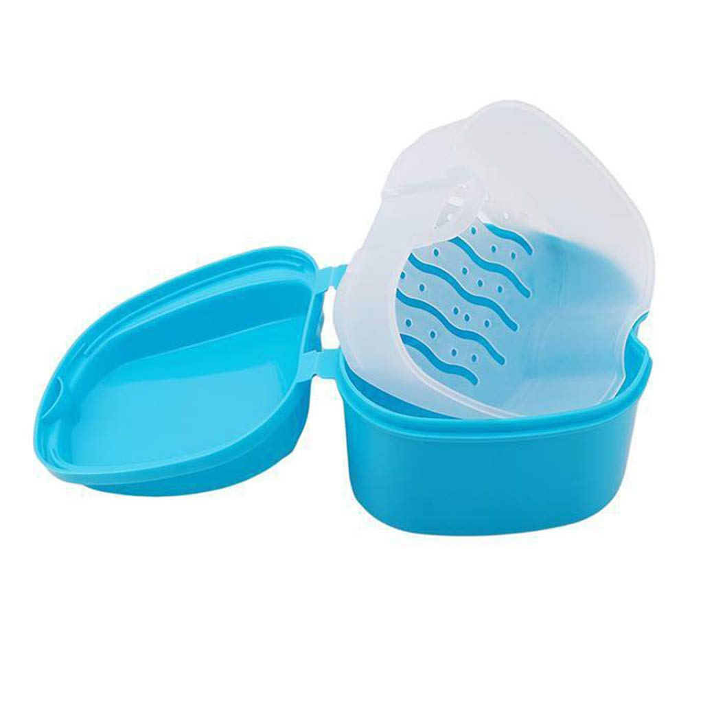 2Pcs Denture Cup with Strainer, Denture Case, Denture Bath Box False Teeth Storage Case Box with Strainer for Travel Cleaning(Light Blue and Blue) : Beauty