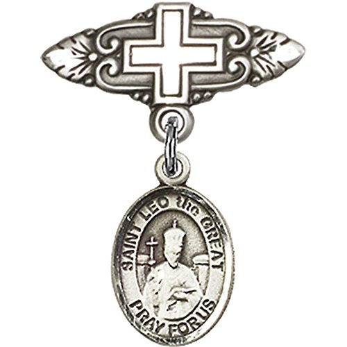 Sterling Silver Baby Badge with St. Leo the Great Charm and Badge Pin with Cross 1 X 3/4 inches