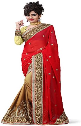 Stylo Sarees Women's Wedding Ethnic Party Wear Sari Georgette Designer Saree Free Size Red, Golden
