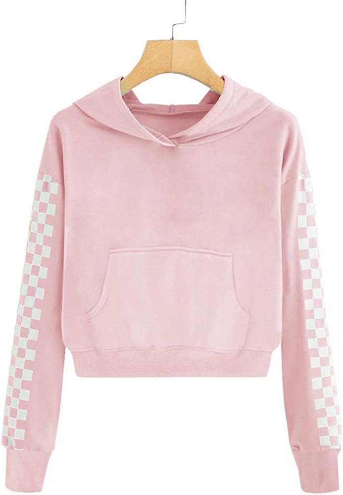 Kids Crop Tops Girls Sweatshirts Long Sleeve Plaid Hoodies
