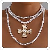 Chunky Gold Necklace Pearl Cross Necklace for Women Statement Necklaces Layered Pearl with Big Cross Necklaces Vintage Pendant Jewelry Christmas