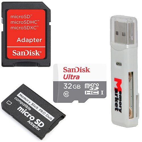 Sandisk Ultra 32GB Class 10 UHS-1 MicroSD MicroSDHC Card with MicroSDHC to Memory Stick MS Pro Duo Adapter for Sony PSP and Cybershot Cameras