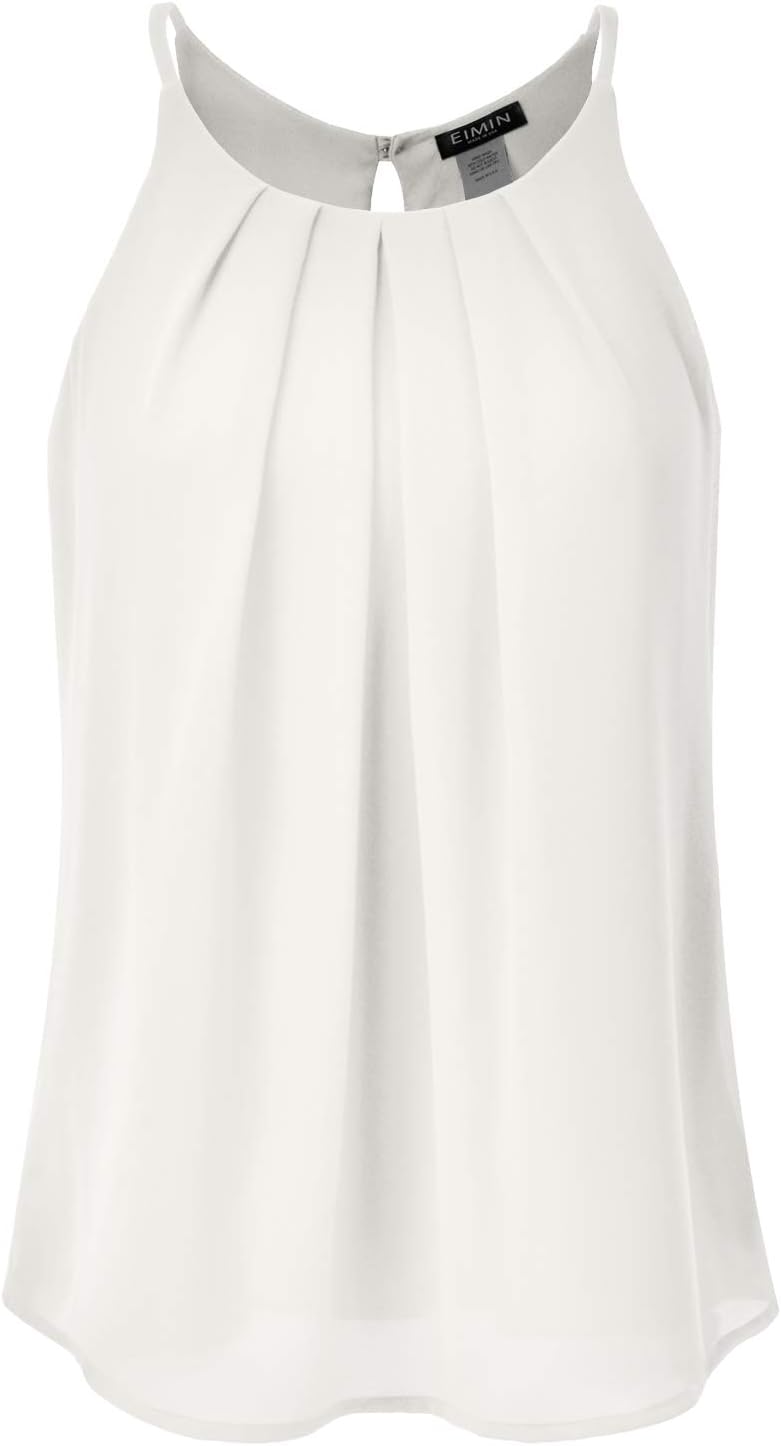 Women's Crewneck Pleated Front Double Layered Chiffon Cami Tank Top (S-3X)