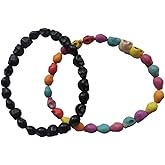 UQUABESO 2 Pack Black Colorful Skull Bracelet for Men Women, Retro Vintage Natural Lava Stone Skeleton Beads Bracelet His and Hers Elastic Couples Bracelets Halloween Jewelry