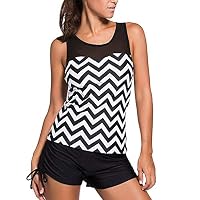 SmarketL High end Women Swimsuit Print Bikini Mesh Round Neck Sleeveless 2 pcs Swim Tank Short,Large,Blackwhite