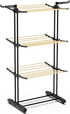 ® Stendino Verticale a Torre, Appendiabiti con Ruote, Stendibiancheria Pieghevole Metallo con 6 Ripiani Regolabili, Aspetto Legno, 3 Livelli