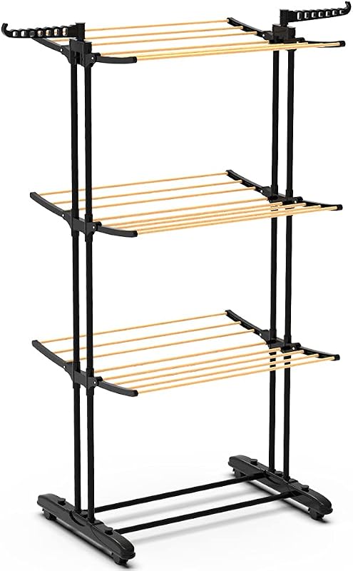 ® Tendedero Vertical Tipo Torre, Tendedores de Ropa Plegable, Estantes de Secado Ropa de Metal con 6 Alas Plegables y 4 Ruedas, Aspecto de Madera, 3 Niveles