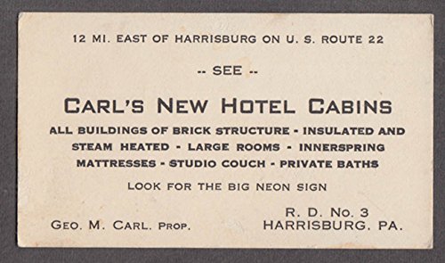 Carl S New Hotel Cabins Harrisburg Pa Business Card Ca 1940s Us 32