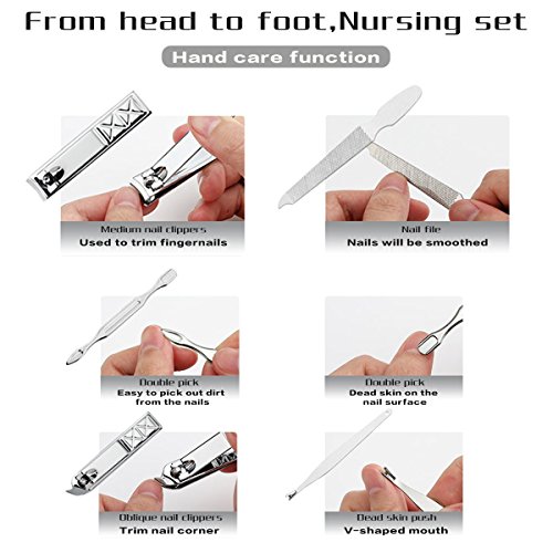 Manicure Pedicure Set Nail Clippers Travel Hygiene Kit Stainless Steel Nail Cutter Care Set Scissor Tweezer Knife Ear Pick Utility Tools Grooming Kits with Leather Case 18 in 1 pcs