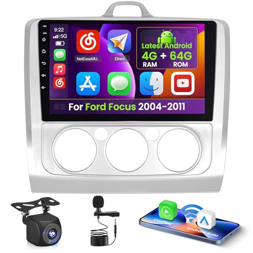 Inefala 4+64G Android 15 Stereo for Ford Focus 2004-2011 with Wireless Carplay and Android Auto, 9'' Radio Screen with Bluetooth 32EQ GPS FM/RDS SWC AHD Reverse Camera