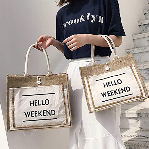 DZTZ Hello Weekend Women's Linen Handbag Large Capacity Casual Weekend Shopping Bag Tote Handbag Work Bag (L, White) - Thumbnail 4