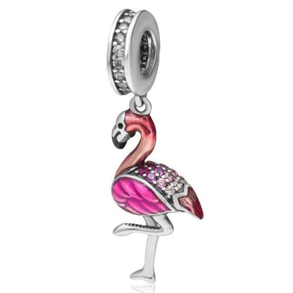 Animal Charms for Bracelets 925 Sterling Silver Charms Green Leaves and Red Flamingo Charm Bird Charm for Pandora Bracelet (Red Flamingo Charms)