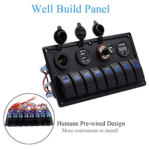 WUPP Boat Rocker Switch Panel Waterproof 8 Gang ON-Off Toggle Switches with Digital Voltage Display 3.1A Double USB Power Charger Adapter 12V Cigarette Lighter Socket for Marine Car Truck Jeep Yacht - Thumbnail 4
