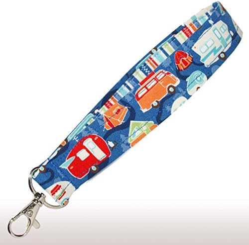 Camping Key Fob Strap - Camper Keychain - Blue With Retro Campers - RV Accessories - 1 Inch Wide - 6 Inch Loop - Purse or Wallet Strap