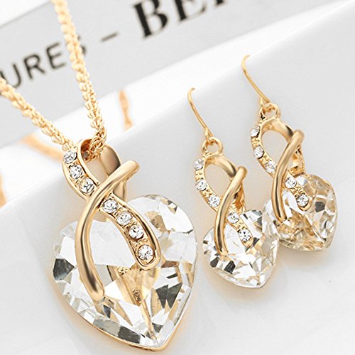 AOmahh Heart Shape Bridal Jewelry Set - Women's Crystal Love Necklace Love Earrings Elegant Jewelry Set for Wedding Party Prom Bride Bridesmaids (White) - Thumbnail 2