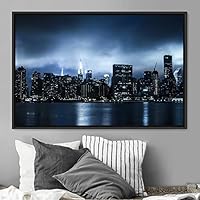 Framed Canvas Wall Art City Illuminations Aerial Cityscape Contemporary Multicolor Photography Places Realism Ultra Urban - 16x24 inches