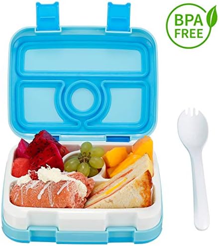 Comfook Lunch Box for Kids, Childrens Bento Box, BPA-Free, Lunch Container with Spoon 4 Compartment Leak Proof Durable for School Picnics Travel (Blue)