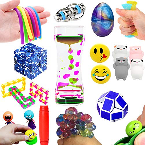 The Ultimate 14 Varieties 21 Packs Fidget Toys Sensory Kit For Kids Mochi Squishies Toys/Infinity Cube/Emoji Stress/Squeeze Bean/Fidget Stick/Twisted Toy/Fidget Cube Adult Add Adhd Stress Relax Prime