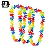 Hawaiian Neon Rainbow Flower Lei - Tropical Summer Luau Party Necklace Favors For Beach Or Pool Party, 36