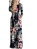 OQC Women's Vintage Floral Print 3/4 Sleeve Beach Party Boho Maxi Dress Navy