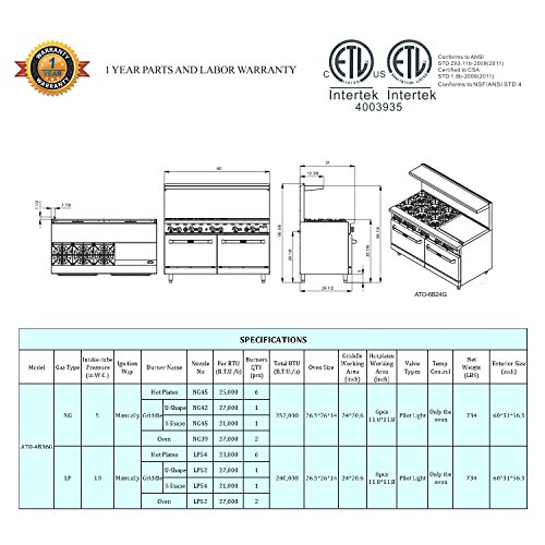 ATOSA US Commercial CookRite Natural Gas Range 6 Burner Hot Plate with 24" Manual Griddle 2 Standard Ovens 60'' Restaurant Range - 252,000 BTU