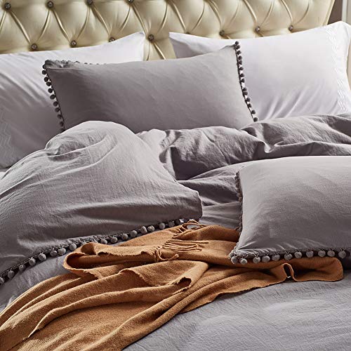 MOVE OVER Grey Pom Poms Pillow Case, Light Grey King Pillowcases Set of 2, 100% Washed Microfiber, Gray Ball Fringe Pillow Shams King 2 Pack (King, Light Grey)