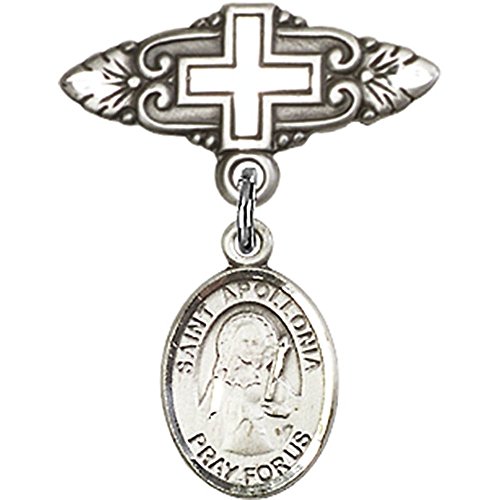 Sterling Silver Baby Badge with St. Apollonia Charm and Badge Pin with Cross 1 X 3/4 inches