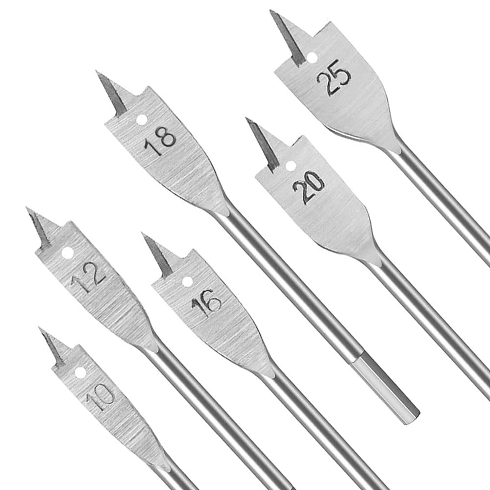 6pcs Spade Drill Bit Set Flat Wood Drill Bit Set Self Cut Speed Spade Bits with 1/4 Inch Hex Shank 10mm 12mm 16mm 18mm 20mm 25mm