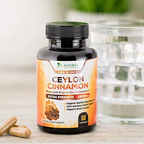 True Organic Ceylon Cinnamon Highest Potency Standardized 1800mg - Organic Ceylon Cinnamon Pills - Blood Sugar Levels Support Supplement, Vegan Anti-Inflammatory for Joint Pain Relief - 60 Capsules