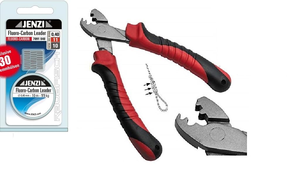 Fluoro Carbon Set 10 Metres Including 30 Crimp Sleeves 0.50 mm 17 kg + Crimp Sleeves Pliers and Free Petri Heil Sticker