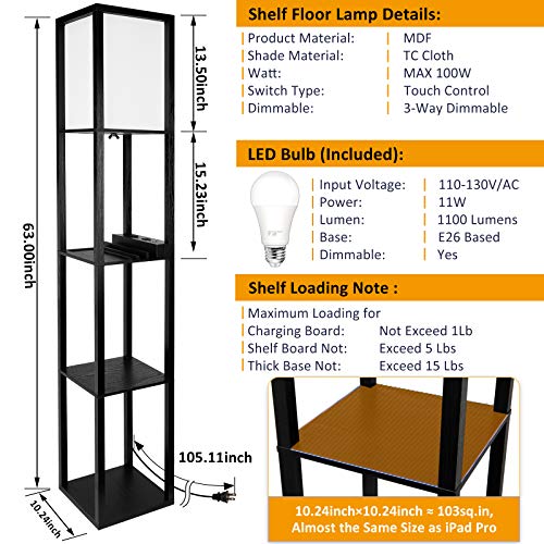 FOLKSMATE LED Shelf Floor Lamp with 2 USB Charging Ports & Power Outlet