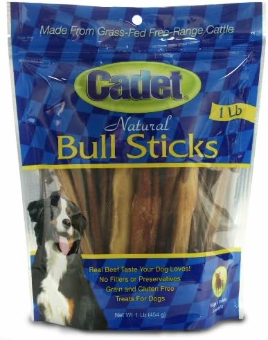 Cadet Butcher Treats Bull Sticks for Adult Dogs 5 Pounds and Over (1 Pound Bag)