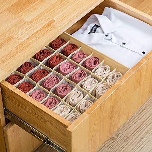 Qozary Closet Socks Organizer Drawer Divider, 24 Cell Collapsible Closet Cabinet Organizer Underwear Storage Boxes for Storing Socks, Lingerie, Underwear (Beige, 24 X 2) - Thumbnail 2
