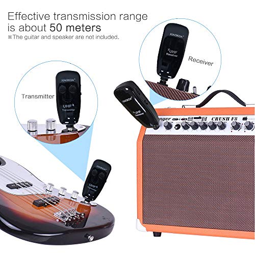 Wireless Guitar System, XIAOKOA Rechargable Transmitter and Receiver, UHF 50M Transmission Range for Electric Guitar, Bass, Violin, Speakers, Voice Amplifier, PA System