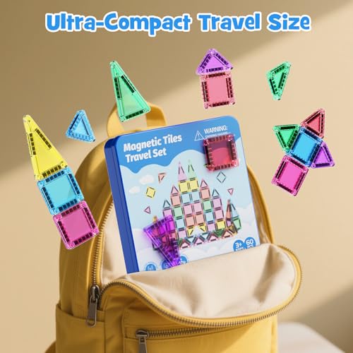 Magnetic Building Blocks Travel Toy, 60-Piece Magnetic Tiles Travel Set with Iron Box, Creativity Mini Magnetic Tiles Sensory Toy Birthday Gift for Children 3 4 5 6 Years