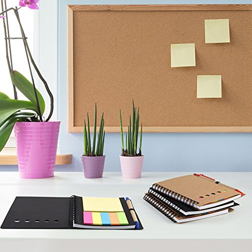 Coopay 4 Pack Spiral Notebook Journal Notepad with Pen in Holder and Sticky Notes, Page Marker Colored Index Tabs Flags (Black and Brown Cover)
