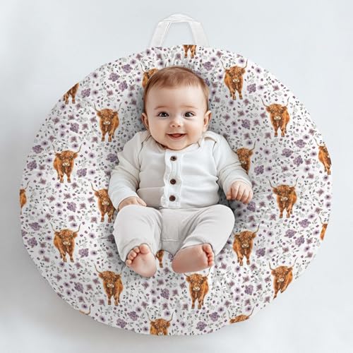 Watercolor Western Farm Cow Flowers Pattern Baby Lounger Cover, Unisex Highland Cow Removable Infant Newborn Snug Fit Floorseat Sleeping Lounger Slipcover for Boys Girls Lounger Pillow, Cover Only