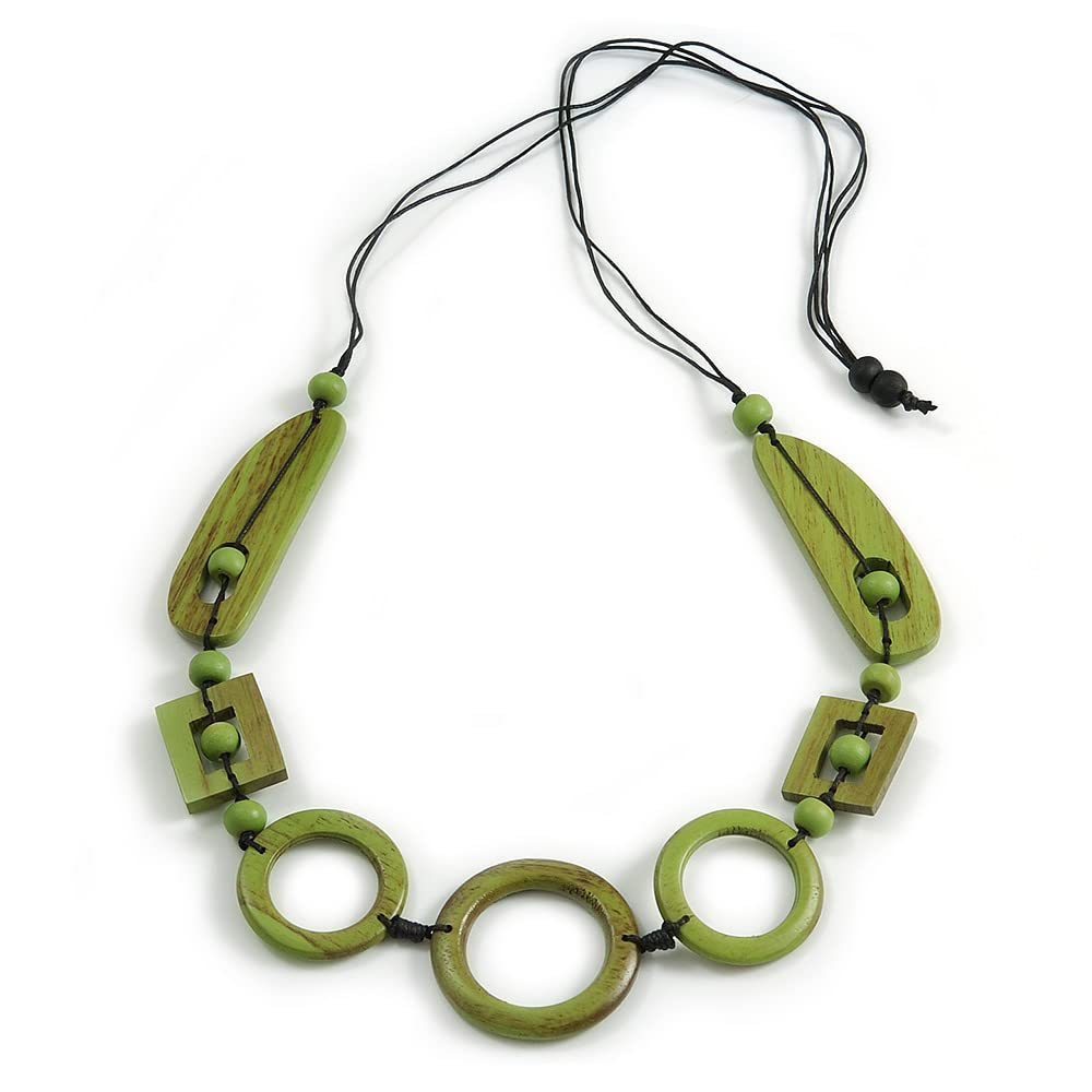Avalaya Long Geometric Lime Green Painted Wood Bead Black Cord Necklace - 100cm Max/Adjustable