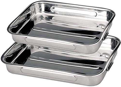 MGE World Set of 2 Rectangular Stainless Steel Roasting Pans - Silver - 35 x 26 cm (Large) & 30 x 20 cm (Medium) - Handles - Oven Safe Up to 446°F