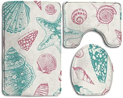 Cartoon Pink Mint Seashells Design 3 Piece Bath Mat Set Non-Slip Bathroom Mats Contour Toilet Cover Rug for Home Toilet and Bathroom