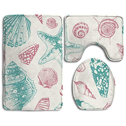 Cartoon Pink Mint Seashells Design 3 Piece Bath Mat Set Non-Slip Bathroom Mats Contour Toilet Cover Rug for Home Toilet and Bathroom