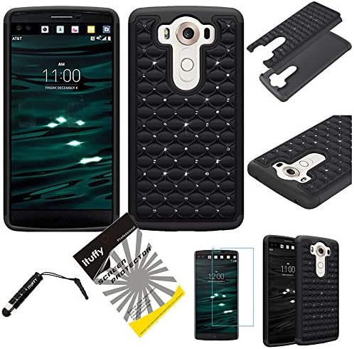 For LG V10 / ITUFFY 3items Combo: Stylus Pen + LCD Screen Protector Film + Diamond Dazzle Rubberized Hard Plastic + Soft Rubber TPU Skin Dual Layer Tough Hybrid Case (Dazzle Black)