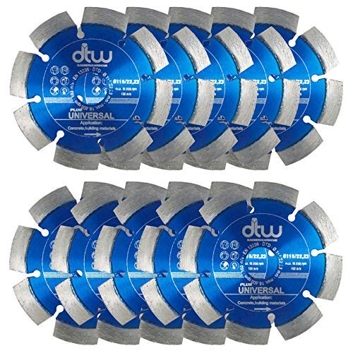 DTW x10 Professional Universal Diamond Blade Cutting Disc for General Concrete, Brick, Sandstone & More 115mm/4.5" Pack of 10