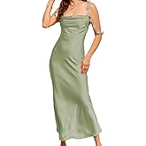 Satin Floral Off The Shoulder Midi Dresses for Women Silk Spaghetti Strap Cowl Neck Backless Bridesmaid Wedding Guest Dress