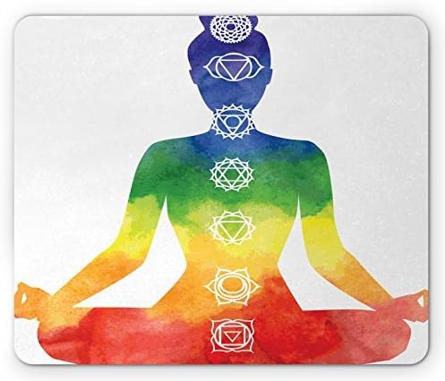 Yoga Mouse Pad Silhouette Yoga Woman with Chakra Symbols Vibrant Watercolors Padmasana Chakra Signs Rectangle Non-Slip Rubber Mousepad, Multicolor